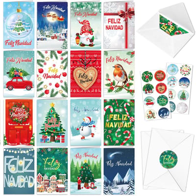 Dailygoods- Kerstkaarten Set van 16 - Spaanse Kerstkaarten - Met Enveloppen - Klevend - Kerststickers - Uniek Design - Feestkaarten
