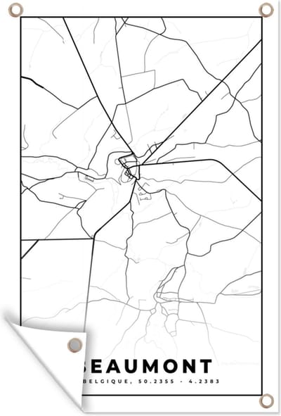 Muurdecoratie België – Beaumont – Stadskaart – Kaart – Zwart Wit – Plattegrond - 120x180 cm - Tuinposter - Tuindoek