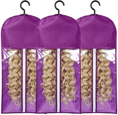 3 stuks extra lange haarextensiehouders - Opbergtassen en hangers voor pruiken en accessoires - 60 cm - Paars