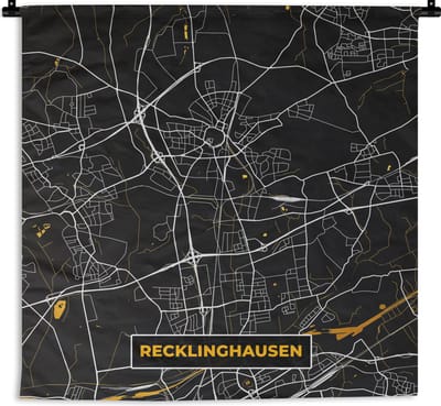 Wandkleed - Wanddoek - Duitsland – Black and Gold – Recklinghausen – Stadskaart – Kaart – Plattegrond - 180x180 cm - Wandtapijt