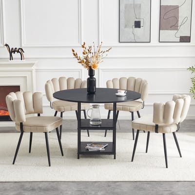 Ronde Eettafel En Stoelenset - Industrieel Design - 4 Stoelen Met Dubbele Opberglagen En Bloemvormige Rugleuning - Zwart Lichtbruin - Metaal MDF