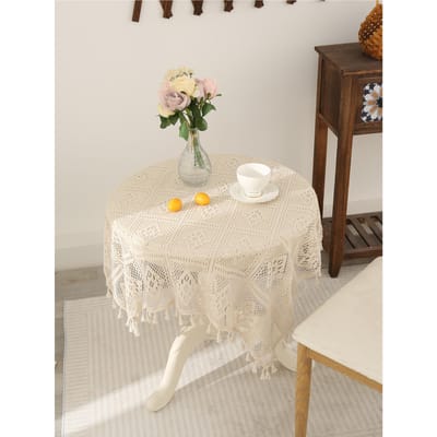 Beige gehaakt geruite tafelkleed in retrostijl, tafelkleed voor salontafel in de woonkamer 140x140cm