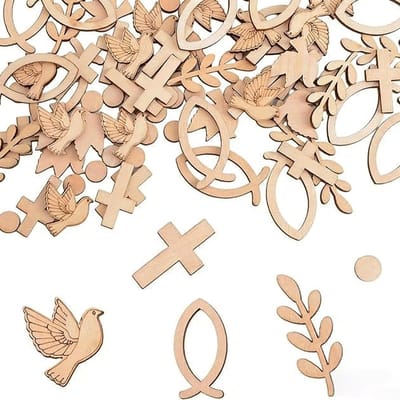Dailygoods- Houten Decoraties 200 Stuks - Houten Decoratie Figuren - Visvorm - Duiven/Kruisjes - Babyshower/Feest - Hoogwaardig Natuurlijk Hout - Decoratiefiguren