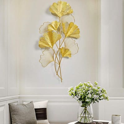 Metalen Wanddecoratie - Ginkgo Bladeren - Woonkamer Aankleden - Handgesmeed Smeedijzer - 55x110cm - Goudkleurig