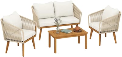 Balkonset 4 personen - Tuinset - Bistroset - Beige + Natuurlijk hout + Crème wit - Weerbestendig - 4 delig - 4 stoelen - 4 personen - Staal,Acaciahout