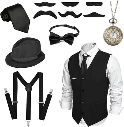 Stijlvol 1920s Maffia Kostuum voor Mannen met Vesten, Accessoires en Braces voor Carnavalsfeesten en Themapartijen