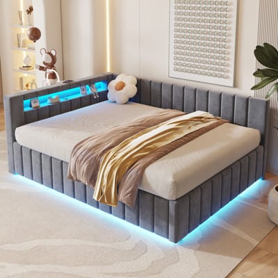 Wishdor – Gestoffeerd tweepersoonsbed 140x200 cm – Hydraulische opbergruimte, led & USB – Fluweel – Grijs – Jouw moderne opberger voor de master bedroom