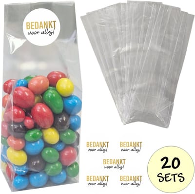 20x Uitdeelzakjes Met Sluitstickers - 20 Stickers & 20 Zakjes - Blokbodemzakjes - Cellofaanzakjes - Traktatie Blokbodem Zakjes - 80 x 50 x 250mm - 20 Sets - Bedankt Voor Alles
