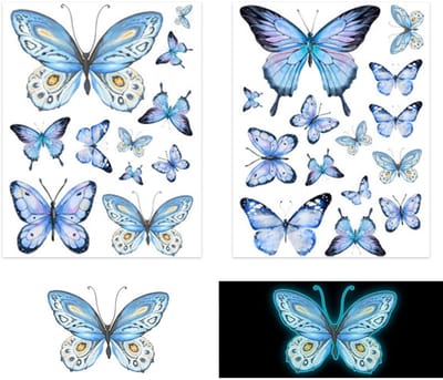 Dailygoods - Baby muursticker, twee glinsterende blauwe vlinder-muurstickers met fluorescerende ontwerpen, ideaal voor woonkamer, slaapkamer en meisjeskamer