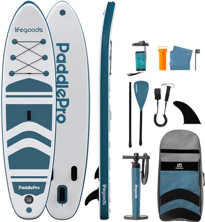 LifeGoods PaddlePro SUP Board - Opblaasbaar Paddle Board - Complete Set - Max. 150KG - 320x81cm - Wit/Deep Aqua