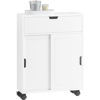 SoBuy Badkamerkast op Wieltjes - Smalle Badkameropberger met Schuifdeuren en Klep, Opbergkast, Toiletkast - Wit, 52x68x17 cm, BZR31-W