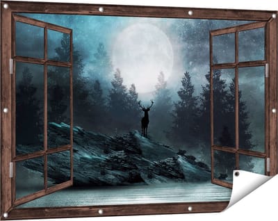 Gards Tuinposter Doorkijk Hert op een Rots tijdens Volle Maan - 120x80 cm - Tuindoek - Tuindecoratie - Wanddecoratie buiten - Tuinschilderij