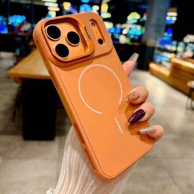 MagSafe Case met Lensbescherming & Standaardfunctie Oranje - Hoesje Geschikt voor: iPhone 17