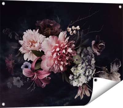Gards Tuinposter Diverse Bloemen op Zwart Achtergrond - 80x60 cm - Tuindoek - Tuindecoratie - Wanddecoratie buiten - Tuinschilderij