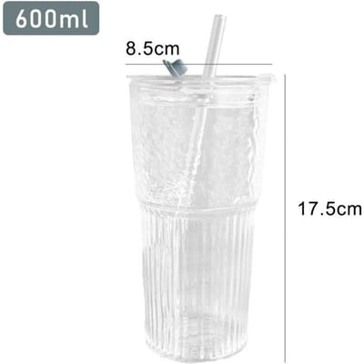 2 stuks 600ml gestreepte glazen beker met deksel en rietje transparante drinkglazen voor sap, water en ijskoffie bekers drinkgerei mok 600ml white