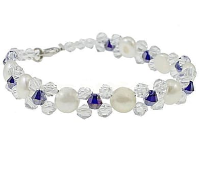 Zoetwater parel armband Button Pearl Blue Crystal - echte parels - wit - blauw - zilver - luxe sieraden zakje - parel armband dames - zoetwaterparel
