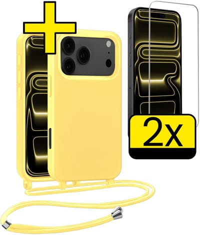 Hoesje Geschikt voor iPhone 17 Pro Hoesje Met Koord Met 2x Screenprotector Siliconen Case - Hoes Geschikt voor iPhone 17 Pro Backcover Met Afneembaar Koord - Geel