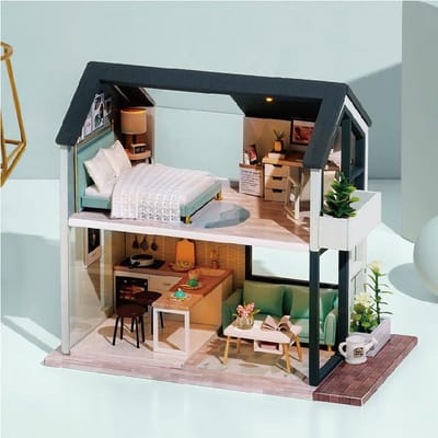 Doe-het-zelf Houten Mini Poppenhuis Montage Bouwpakket Speelgoed Kleine Huizen Pakket Decoratie met Meubels Voor Verjaardagscadeaus voor Kinderen black