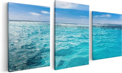 Artaza Canvas Schilderij Drieluik Blauwe Caribische Zee Water - 120x60 cm - Wanddecoratie Woonkamer - Schilderijen - Muurdecoratie