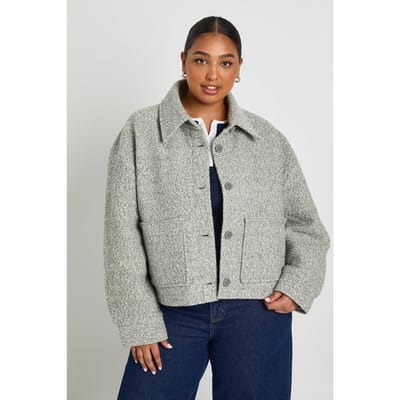 boohoo Dames Plus Kraagjas met Boucle-wol-look Jacket | Grey | Maat: 16