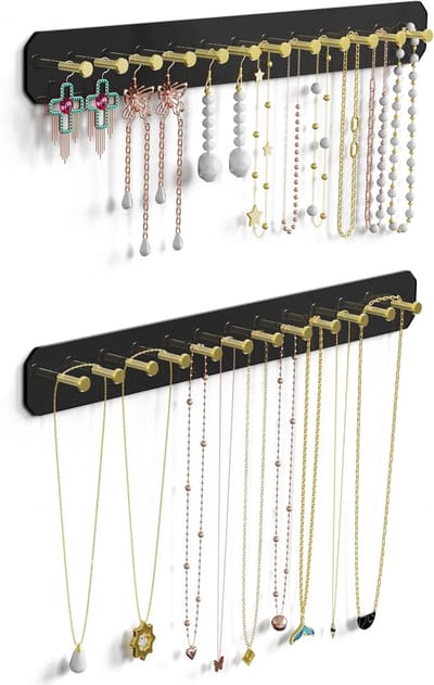 Famanu – Sieradenhouder set van 2, wandmontage acryl organizer met ronde haken voor kettingen en armbanden, zwart met goudkleurige haken
