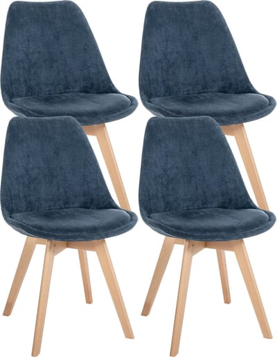 CLP 4-delige set Linares eetkamerstoelen met rugleuning en gestoffeerd op beukenhouten frame Ribstof/donkerblauw