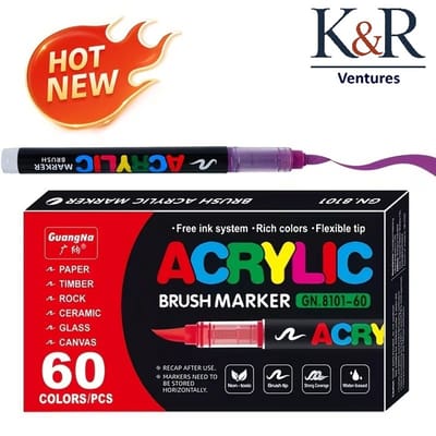 K&R Ventures® Acrylstiften - 60 Kleuren - Acryl Marker Stiften voor Glas, Hout, Steen, Keramiek, Stoffen & Canvas - Verfstiften op Waterbasis - Niet Giftig - Voor Volwassenen & Kinderen - Tekenset met Sterke Dekking - Guangna Brush markers