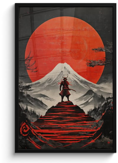 Poster in lijst - Fotolijst 60x90 cm - Posters - Krijger - Rode trappen - Zon - Berg - Posterlijst zwart - Decoratie - Wanddecoratie woonkamer - Muurdecoratie slaapkamer