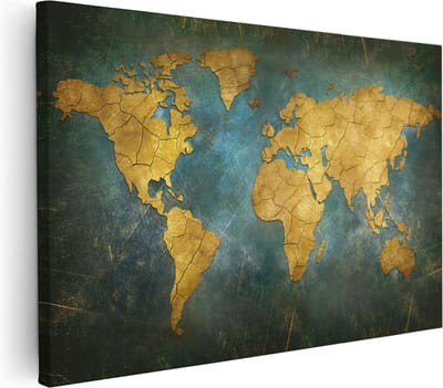 Artaza Canvas Schilderij Wereldkaart Goud - 30x20 cm - Klein - Muurdecoratie Japandi - Wanddecoratie Woonkamer - Kamer Accessoires