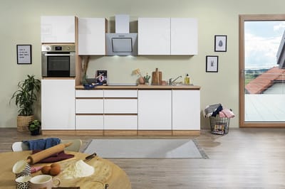 Goedkope keuken 280 cm - complete keuken met apparatuur Lorena - Eiken/Wit mat - soft close - keramische kookplaat - vaatwasser - afzuigkap - oven - spoelbak