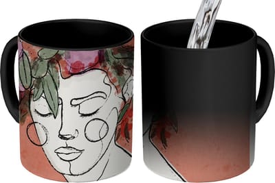 Magische Mok - Foto op Warmte Mokken - Koffiemok - Portret - Vrouw - Bloemen - Pastel - Magic Mok - Beker - 350 ML - Theemok