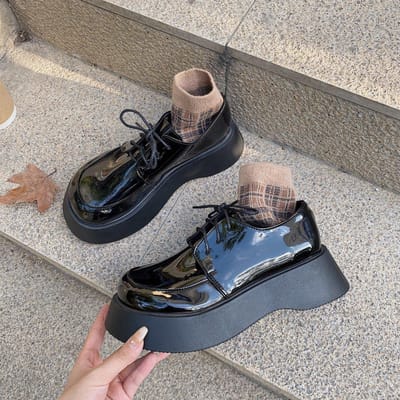 Plateauschoenen Zomer Retro Veterschoenen Brits Kleine Leren Schoenen Dames Zacht Leer Dikke Zool Enkele Schoenen Ronde Neus Schoenen met Grote Teen 39 black