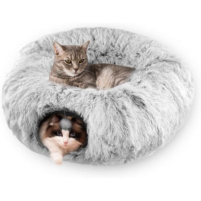 Lit tunnel pour chat Peekaboo Cat Cave Jouet tunnel pour chat - Lit pour animal de compagnie pliable en peluche chaud pour l'hiver pour chats - Conception multifonctionnelle Fond antidérapant amovible gris