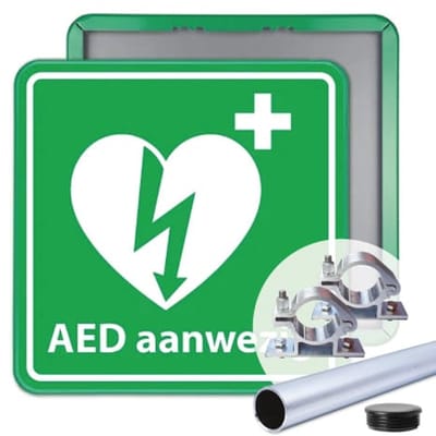 AED bord 40x40 cm - Bevestiging: Met paal 150 cm + paalbeugels + paaldop