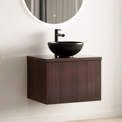 LOMAZOO Badkamermeubel Walnoot Geribbeld 60cm - Waskom Zwart Opbouw - Onderkast - Wastafelmeubel - Wastafelkast Zwevend [MESSINA]