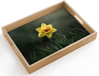Dienblad hout 40x30 cm - Schootdienblad - Bloem - Narcis - Gras - Geel - Borrelplank rechthoek - Plateau dienbladen