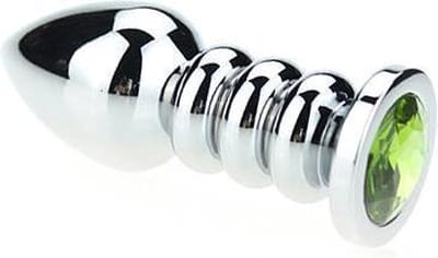 Buttplug aluminium geribbeld met kristal - groen