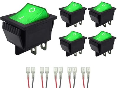 ProRide Wipschakelaar ON-OFF KCD4-202 - met Aansluitkabels - 2 Polig - 250V/16A - 30x22mm - Groen met lampje - 5 stuks