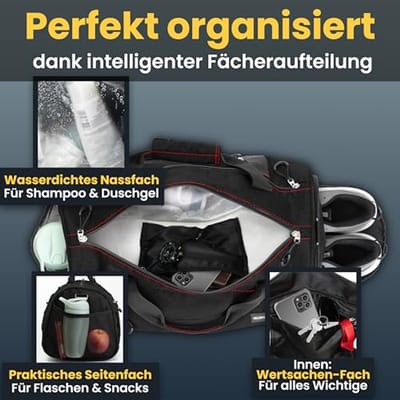 Sporttas met Schoen- en Natcompartiment - Ideaal voor Training, Fitness en Reizen - Zwart met Rode Ritsen