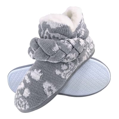 Dunlop - Dames Gebreide Warme Fleece Pluche Slippers Boots/Bootees in Grijs Fairisle en Roze Koord Stijlen