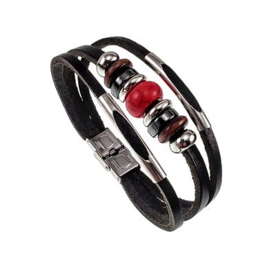 18cm Armband Unisex - Leren Armband met Drie Banden - RVS en Leren Armband met Rode Steen