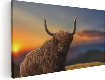 Artaza Canvas Schilderij Schotse Hooglander - 40x20 cm - Klein - Wanddecoratie Woonkamer - Muurdecoratie Zonsondergang - Schilderijen Op Canvas