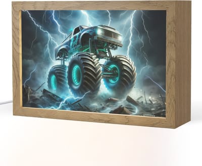 Nachtlampje 30x20 cm - Kinder lampje - Monstertruck - Bliksem - Blauw - Jongens - Auto - Tafellamp kinderkamer - Slaapkamer lamp - Bedlamp kinderen - Kinderlampje stopcontact - Wandlamp babykamer - Nachtlampjes