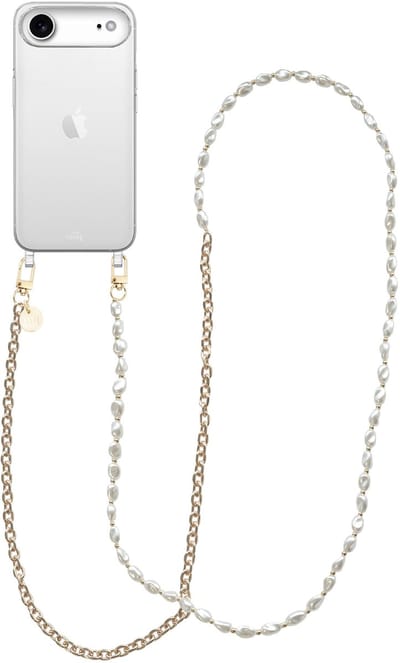 xoxo Wildhearts siliconen hoesje - Geschikt voor iPhone 17 Air hoesje - Over The Moon - Telefoonhoesje - Hoesje met koord - Parelketting / Gouden schakelketting - lang telefoonkoord - Transparant hoesje (lange variant)
