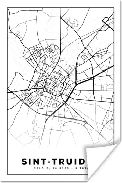 Poster Stadskaart – Plattegrond – België – Zwart Wit – Sint Truiden – Kaart - 120x180 cm XXL