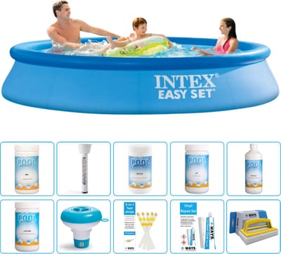 Intex Rond Opblaasbaar Easy Set Zwembad - 305 x 61 cm - Blauw - Inclusief Chloor - Chloordrijver - Testrips - Reparatiesetje - Scrubborstel - PH-min - PH-plus - Thermometer - Anti Alg - 11-delig