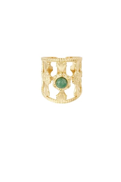 Sierlijke Gouden RVS Statement Ring Met Groene Natuursteen - Verstelbare Stainless Steen Ringen - Gouden Dames Ringen met steen