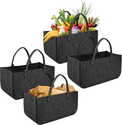 NAIZY Haardhoutmand Vilthouten mand voor haardhout met handvatten Opvouwbare vilten tassen Shopper Haardhoutzak voor hout en kranten, boodschappentas 50 x 25 x 25 cm - 4 stuks Antraciet