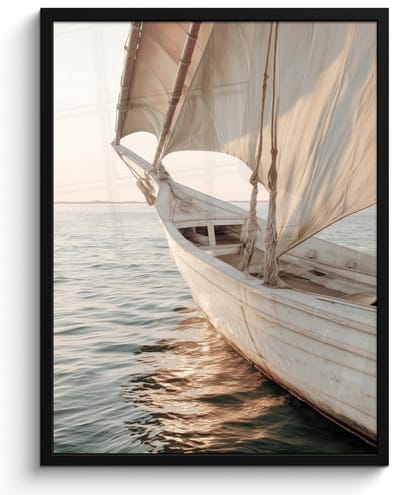 Poster in lijst - Fotolijst 60x80 cm - Posters - Zeilboot - Zee - Beige - Zon - Posterlijst zwart - Decoratie - Wanddecoratie woonkamer - Muurdecoratie slaapkamer