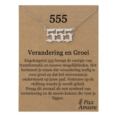 555 Engelen Getal Ketting op Cadeau Kaartje - Zilverkleurig - Stainless Steel Spirituele Hanger - 45cm + 5cm verstelbaar - Pax Amare